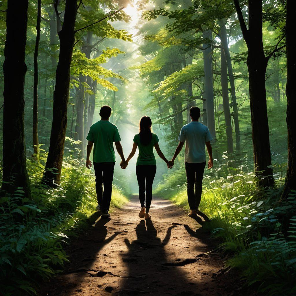 A serene path through a lush green forest symbolizes the journey of life, with soft light filtering through the trees. Along the path, symbolic elements like blooming flowers and gentle guiding hands represent empowerment and support. A couple holding hands in the background signifies strengthened relationships, and a silhouette of a person meditating reflects personal growth. super-realistic. vibrant colors. peaceful atmosphere.