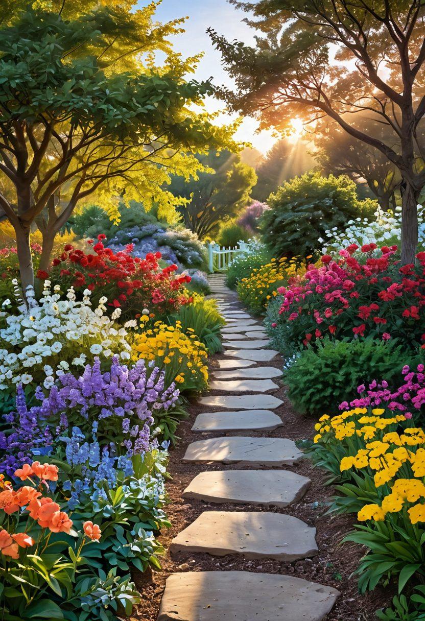 A serene landscape depicting a path through a vibrant garden, symbolizing personal growth after adversity. Include a figure walking confidently along the path, surrounded by blossoming flowers and strong trees, representing resilience. The background features a sunrise, illustrating hope and new beginnings. The colors should be warm and inviting, evoking feelings of strength and positivity. super-realistic. vibrant colors.